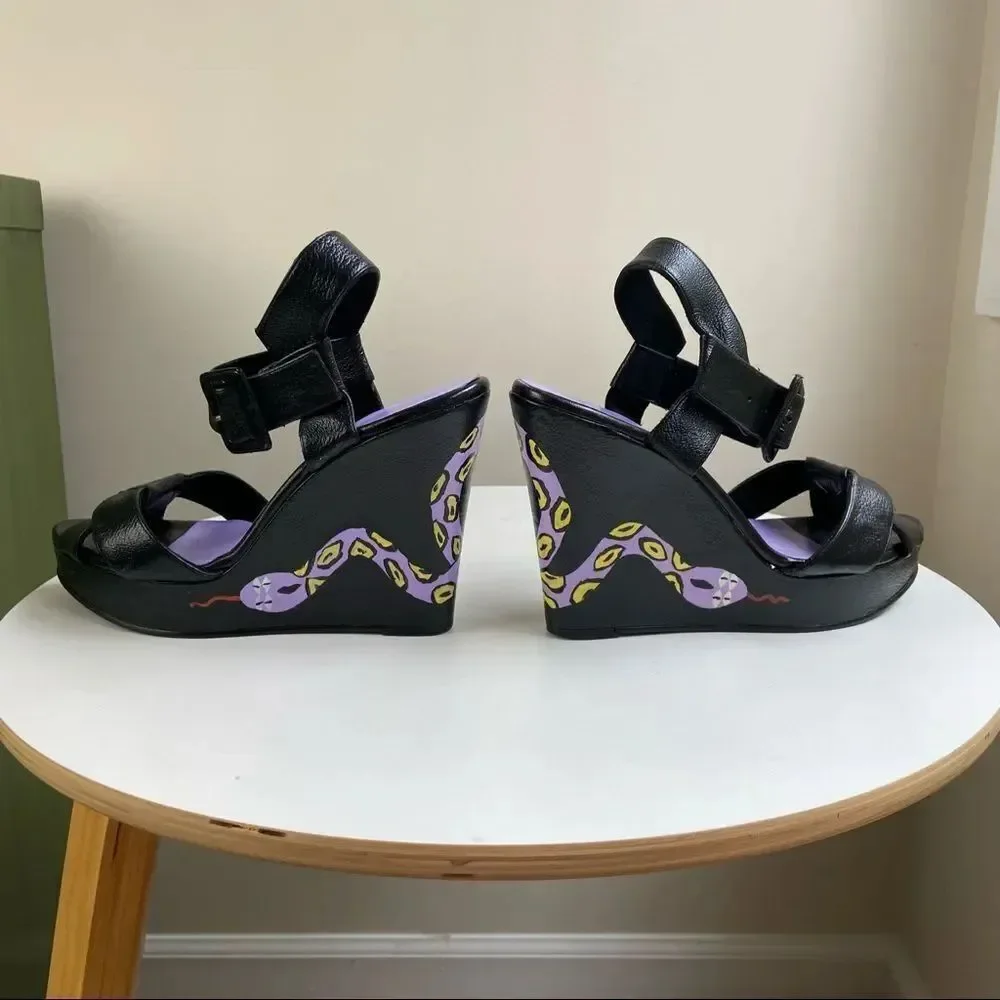 Hand Painted Nine West Platform Wedge Pumps Featuring Snake Motif One of a Kind